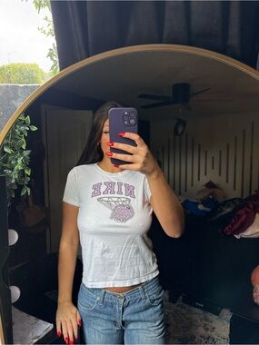 Nike White Short Sleeve Tee with Purple Basketball Graphic - Women's